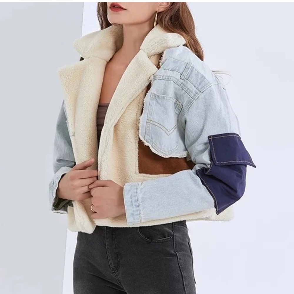 Ma Cherie Women's Denim and Sherpa Upcycled Jacket Ladies‎ Large